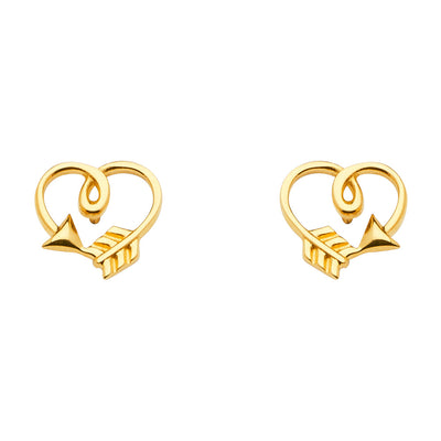 14K Yellow Gold Arrow Heart Earrings With Push Back