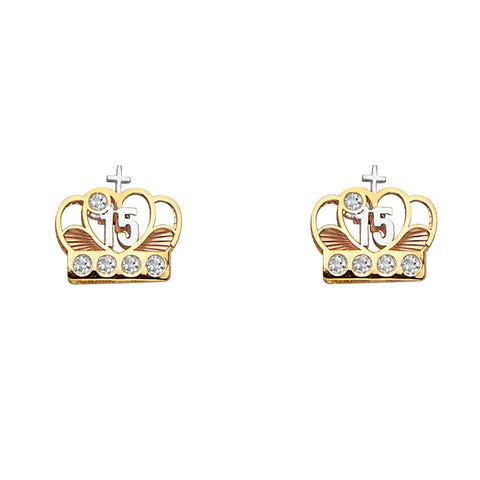 14K Tri Color Gold CZ Crown Post Earrings