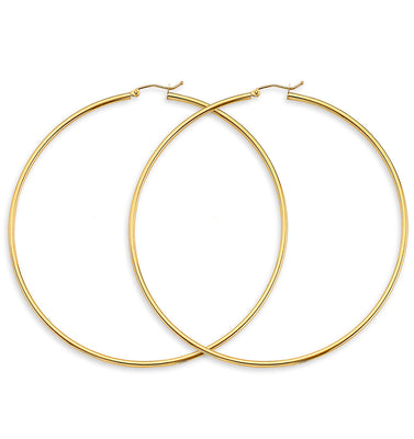 14K Yellow Gold 2mm Big Round Tube Polish Hoop Earrings