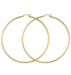 14K Yellow Gold 2mm Big Round Tube Polish Hoop Earrings