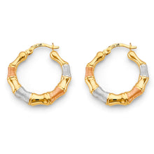 Load image into Gallery viewer, 14K Tri Color Gold Bamboo Hollow Hoop Earrings
