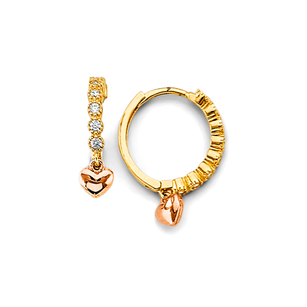 14K Two Tone Gold Heart Charm CZ Huggies Earrings