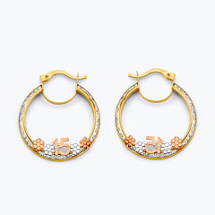 14K Tri Color Gold 25mm CZ 15 Years Flower Hoop Earrings