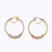 Load image into Gallery viewer, 14K Tri Color Gold CZ Flower And Heart Hoop Earrings
