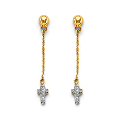 14K Two Tone Gold CZ Hanging Cross Earrings