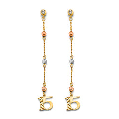 14K Tri Color Gold Hanging CZ Ball 15 Years Earrings