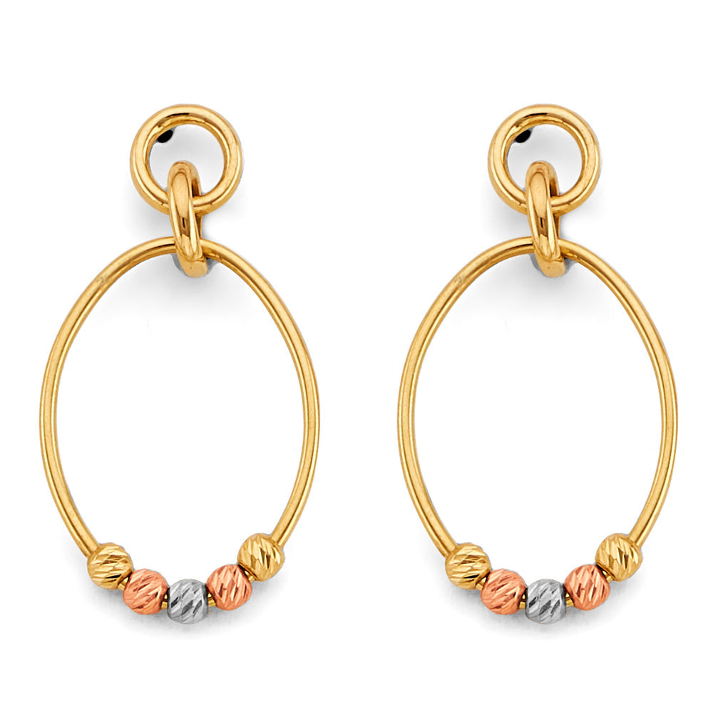 14K Tri Color Gold Hanging Oval Tube With Bead Earrings