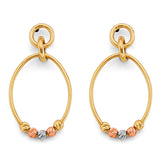 14K Tri Color Gold Hanging Oval Tube With Bead Earrings