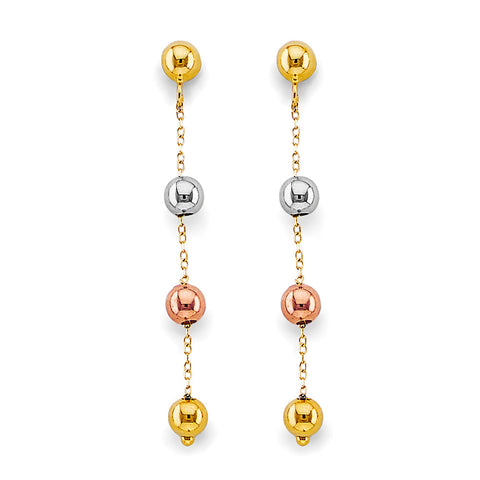14K Tri Color Gold Hanging Ball Earrings