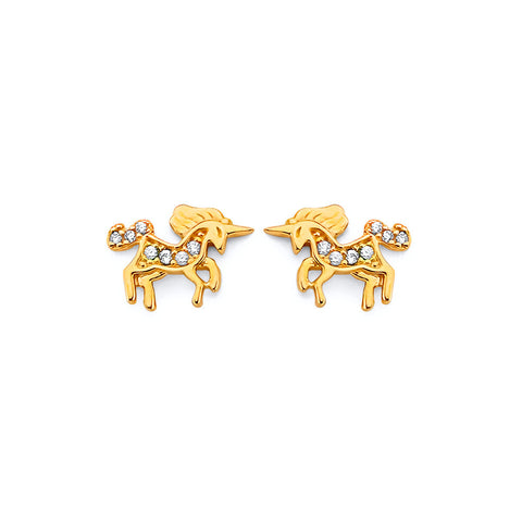 14K Yellow Gold CZ Unicorn Push Back Earrings