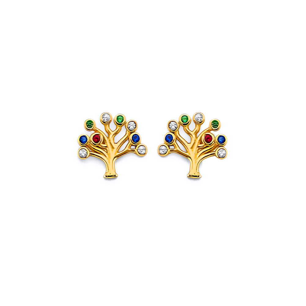 14K Yellow Gold CZ Tree Of Life Push Back Earrings
