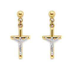 14K Two Tone Gold Crucifix Hanging Push Back Earrings