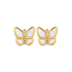 14K Yellow Gold Mother Of Pearl CZ Butterfly Earrings