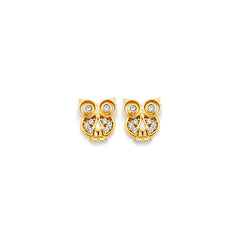 14K Yellow Gold CZ Owl Push Back Earrings