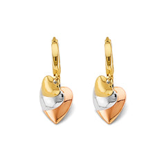 14K Tri Color Gold Hanging Hearts Huggies Earrings