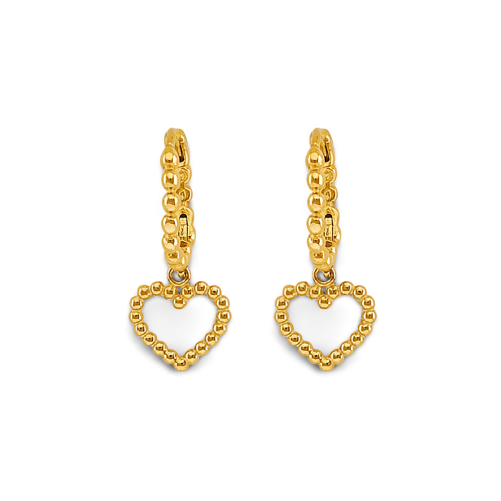 14K Yellow Gold Bead Heart Huggies Earrings
