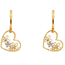 Load image into Gallery viewer, 14K Two Tone Gold CZ Heart And Flower Hoop Earrings