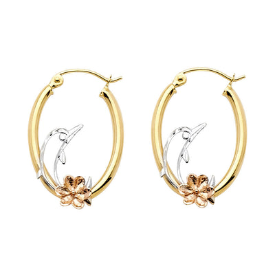 14K Tri Color Gold Small F Earrings With Herat Dolphin