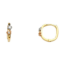 Load image into Gallery viewer, 14K Tri Color Gold Flower CZ Huggies Earrings