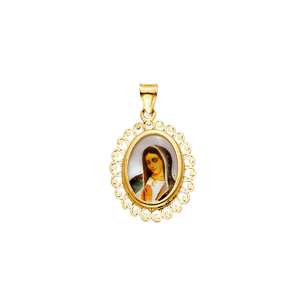 14K Yellow Gold Guadalupe Picture Oval Medal On Mother Of Pearl Pendant