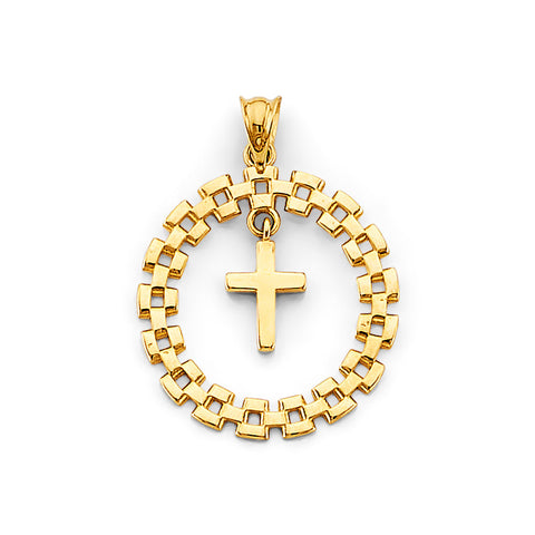 14K Yellow Gold Round Link With Cross Pendant