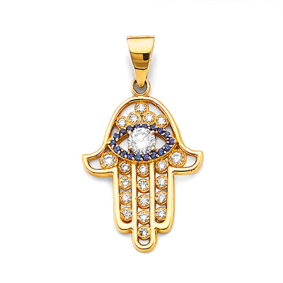14K Yellow Gold CZ Hamsa Hand With Evil Eye Pendant
