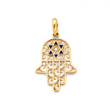 14K Yellow Gold CZ Enamel Hamsa Hand Pendant