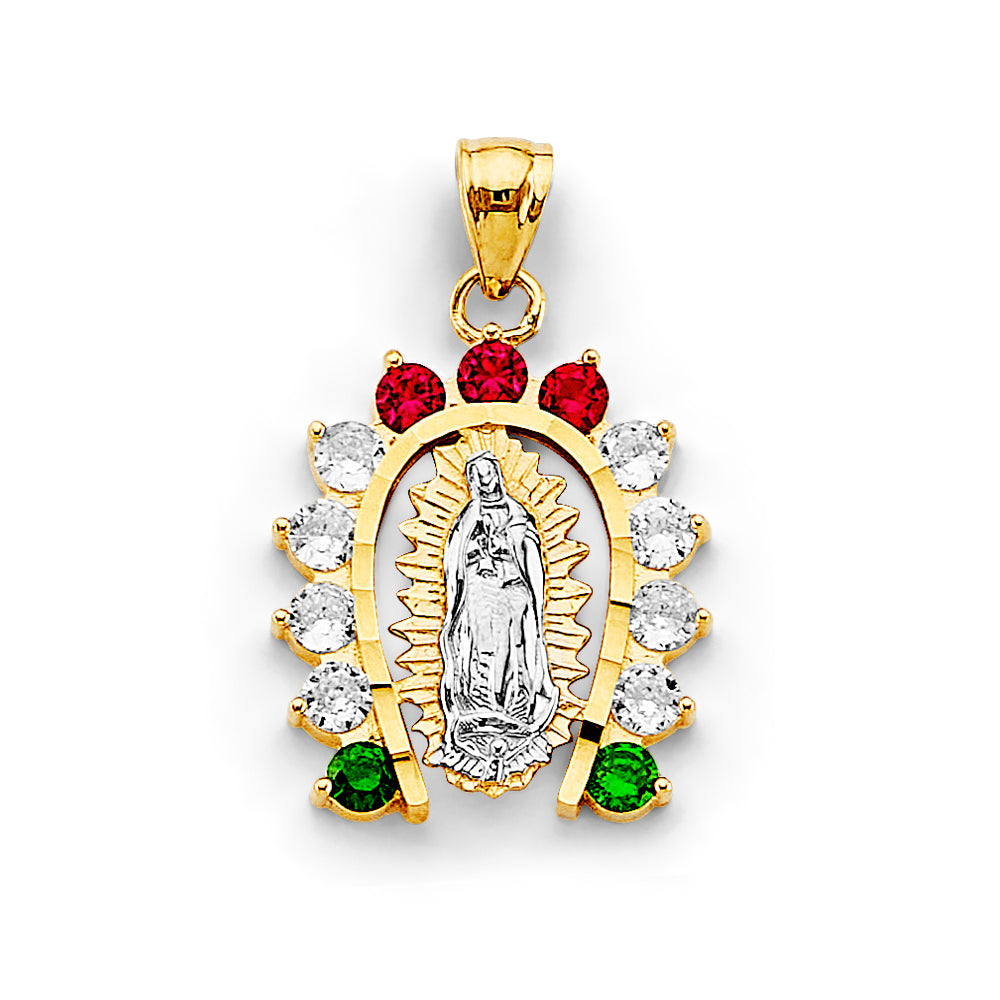 14K Two Tone Gold CZ Horse Shoe Guadalupe Pendant
