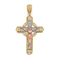 14K Tri Color Gold CZ Crucifix Cross Pendant