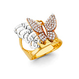 14K Tri Color Gold CZ Butterfly Ring