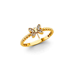 14K Yellow Gold CZ Dragonfly Ring
