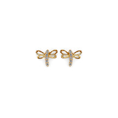 14K Yellow Gold Dragonfly CZ Stud Earrings With Screw Back