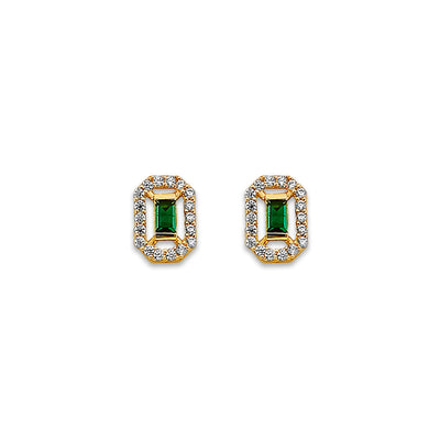 14K Yellow Gold Green CZ Stud Earrings With Screw Back