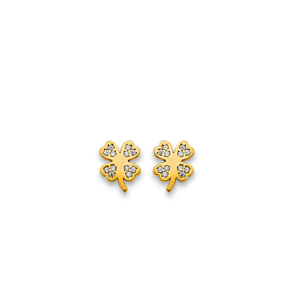 14K Yellow Gold Clover CZ Stud Earrings With Screw Back