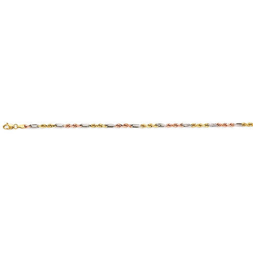 14K Tri Color Gold 3mm Hollow Figaro Rope Chain