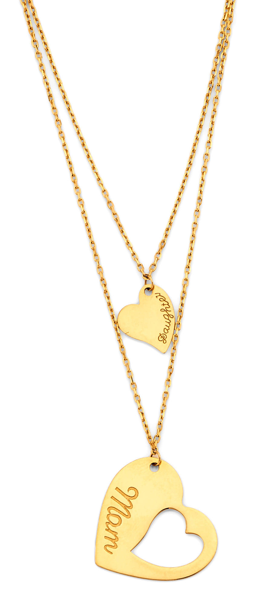 14K Yellow Gold Mom And Daughter Heart Necklace