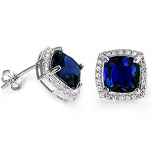 Load image into Gallery viewer, Sterling Silver Cushion Cut Blue Sapphire And Cubic Zirconia Earrings