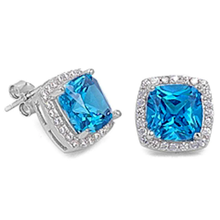 Load image into Gallery viewer, Sterling Silver Cushion Cut Blue Topaz And Cubic Zirconia Earrings