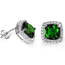 Load image into Gallery viewer, Sterling Silver Cushion Cut Green Emerald And Cubic Zirconia Earrings