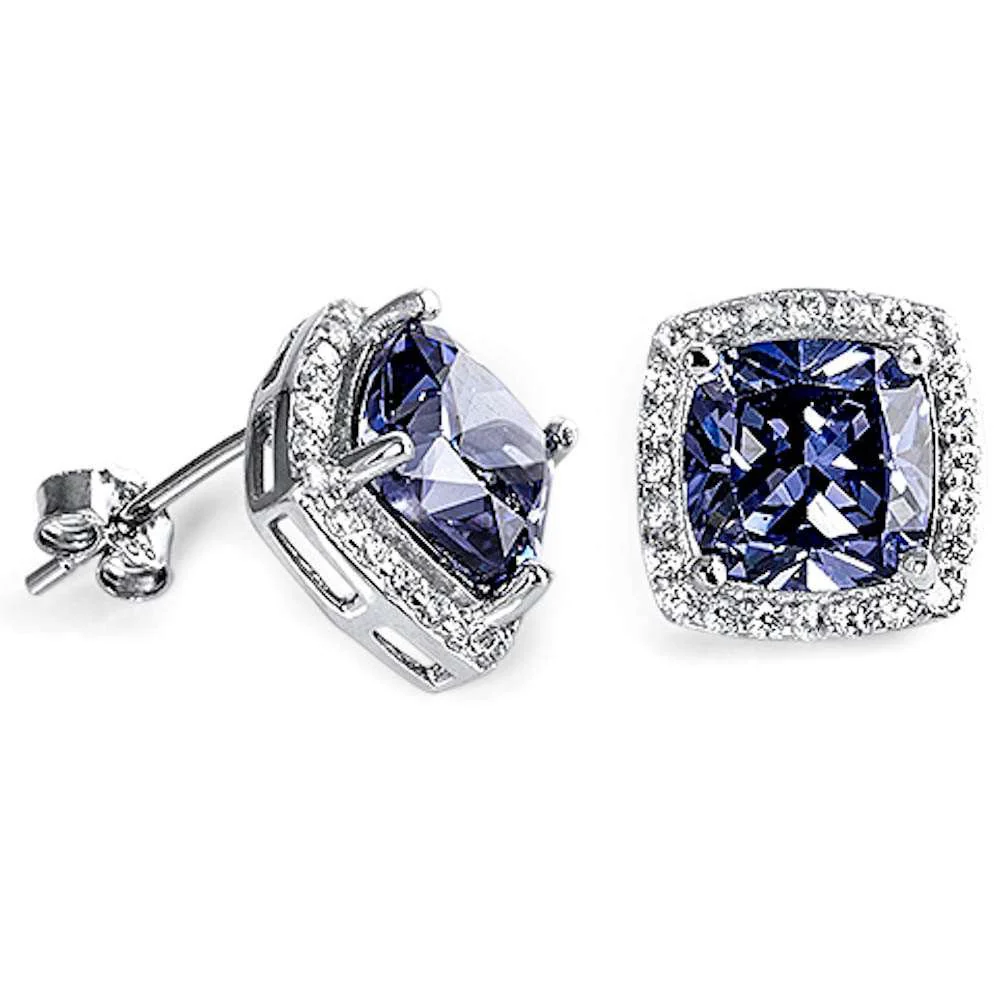 Sterling Silver Cushion Cut Tanzanite And Cubic Zirconia Earrings