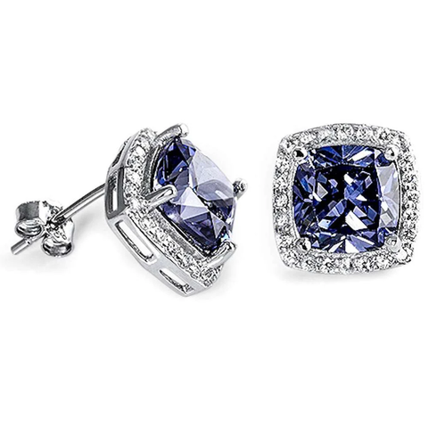 Sterling Silver Cushion Cut Tanzanite And Cubic Zirconia Earrings
