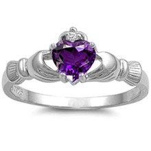 Load image into Gallery viewer, Sterling Silver Rhodium Plated Amethyst CZ Heart Claddagh Ring