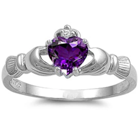 Sterling Silver Rhodium Plated Amethyst CZ Heart Claddagh Ring