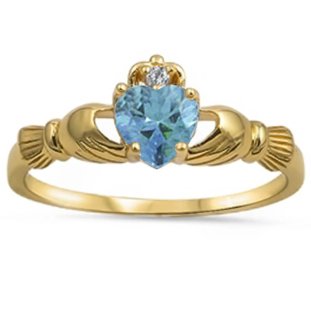 Sterling Silver Yellow Gold Plated Aquamarine And CZ Heart Claddagh Ring