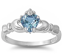 Load image into Gallery viewer, Sterling Silver Rhodium Plated Aquamarine CZ Heart Claddagh Ring