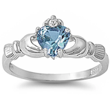 Sterling Silver Rhodium Plated Aquamarine CZ Heart Claddagh Ring