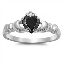 Load image into Gallery viewer, Sterling Silver Rhodium Plated Black CZ Heart Claddagh Ring