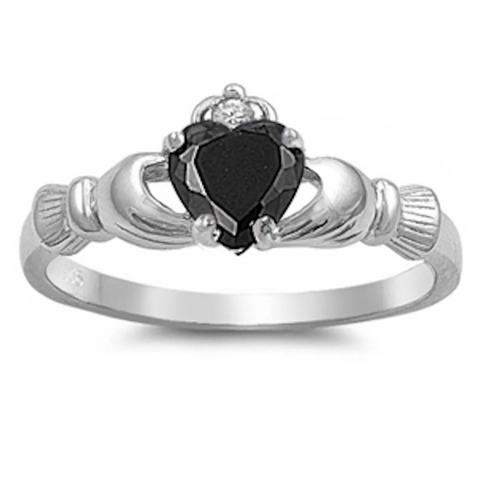 Sterling Silver Rhodium Plated Black CZ Heart Claddagh Ring