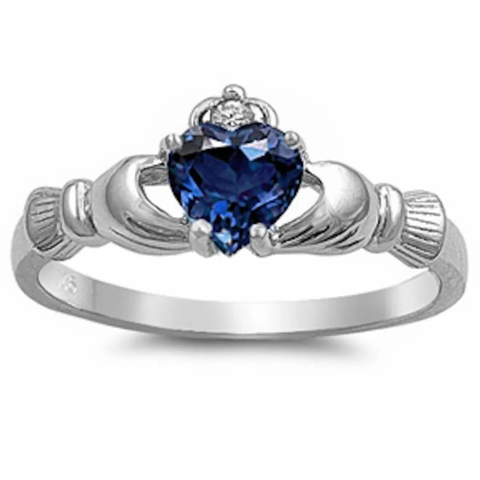 Sterling Silver Rhodium Plated Blue Sapphire CZ Heart Claddagh Ring