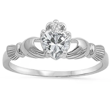 Load image into Gallery viewer, Sterling Silver Silver Plated Clear CZ Heart Claddagh Ring